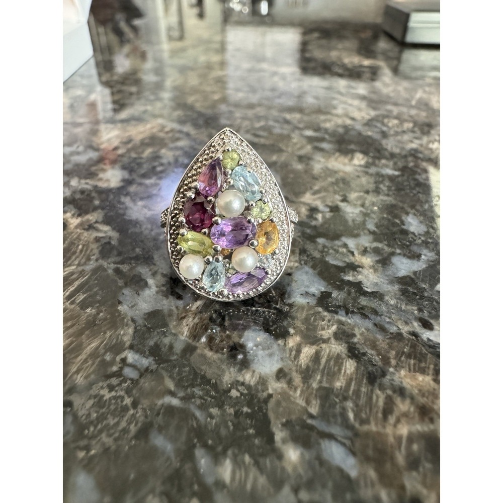 925 Sterling‎ Silver Multi Gemstone Pearl, Amethyst Pear Shaped Ring. Size 7